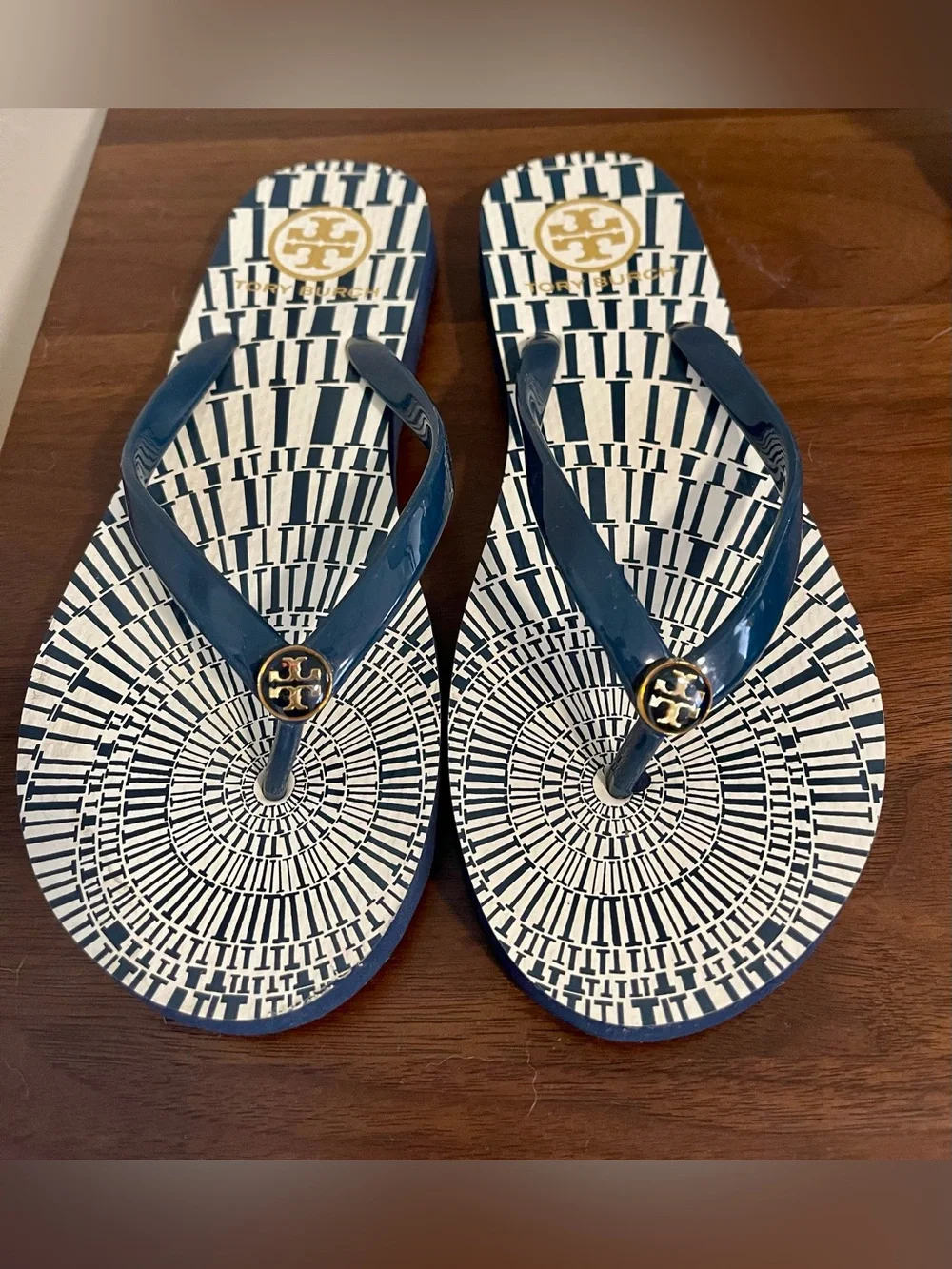 Tory Burch Navy & White Patterned Logo Flip Flops